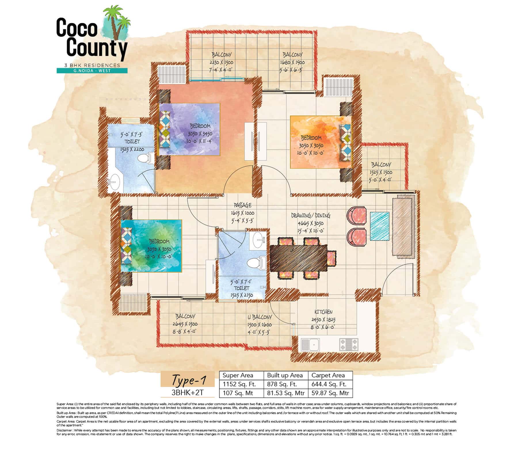Type 1 - 3BHK Floor Plan